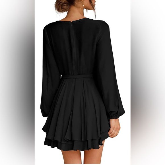 Black Women's Dress Deep V-Neck Waist Tie Ruffle Swing Skater Dresses - Picture 2 of 9